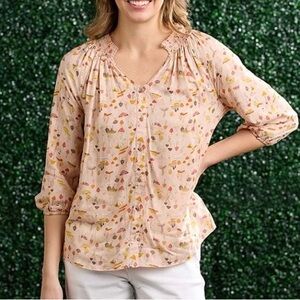 Wallpapher Pink Multicolor Mushroom Print Cottage Peasant Blouse Womens Medium